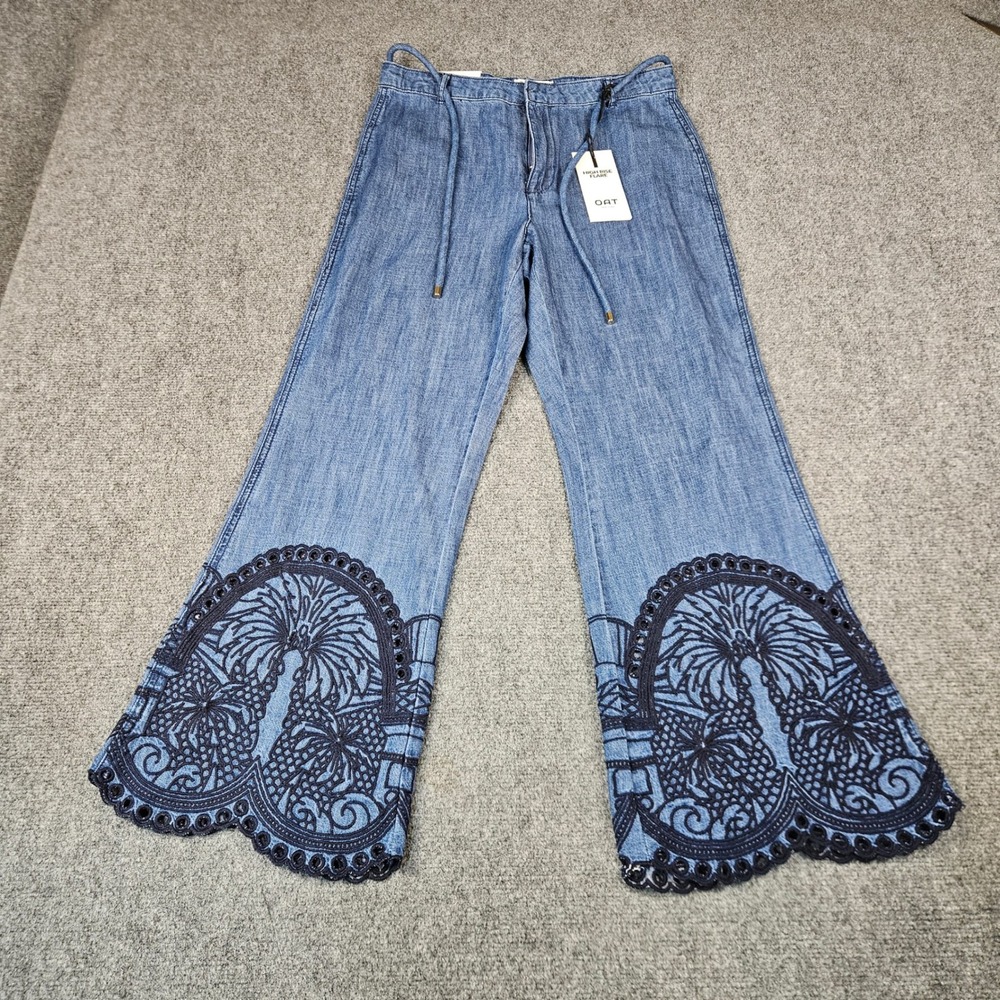 Oat New York High Rise Flare Jeans Blue Embroidered Palm Tree Hem Size 6/28 NEW